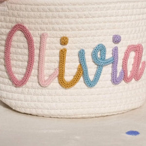 Close-up of a name formed by hand in cotton yarn