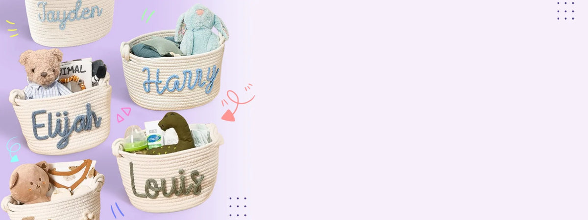 Personalized baskets with the names Jayden, Harry, Elijah and Louis