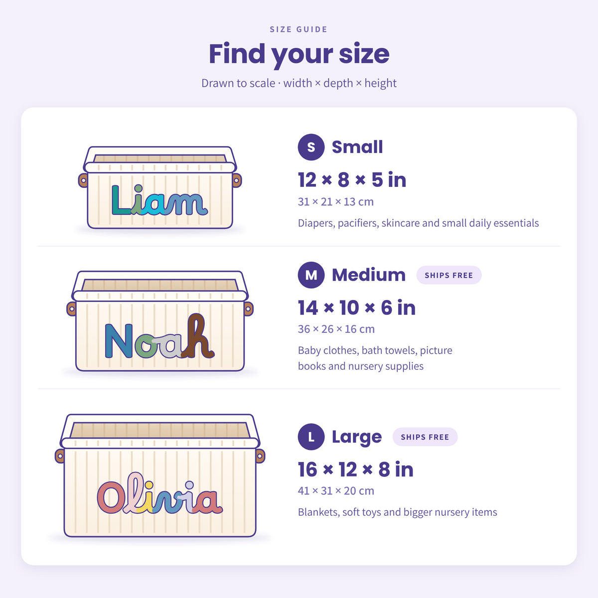 Size guide: Small 12 x 8 x 5 in (31 x 21 x 13 cm), Medium 14 x 10 x 6 in (36 x 26 x 16 cm), Large 16 x 12 x 8 in (41 x 31 x 20 cm)