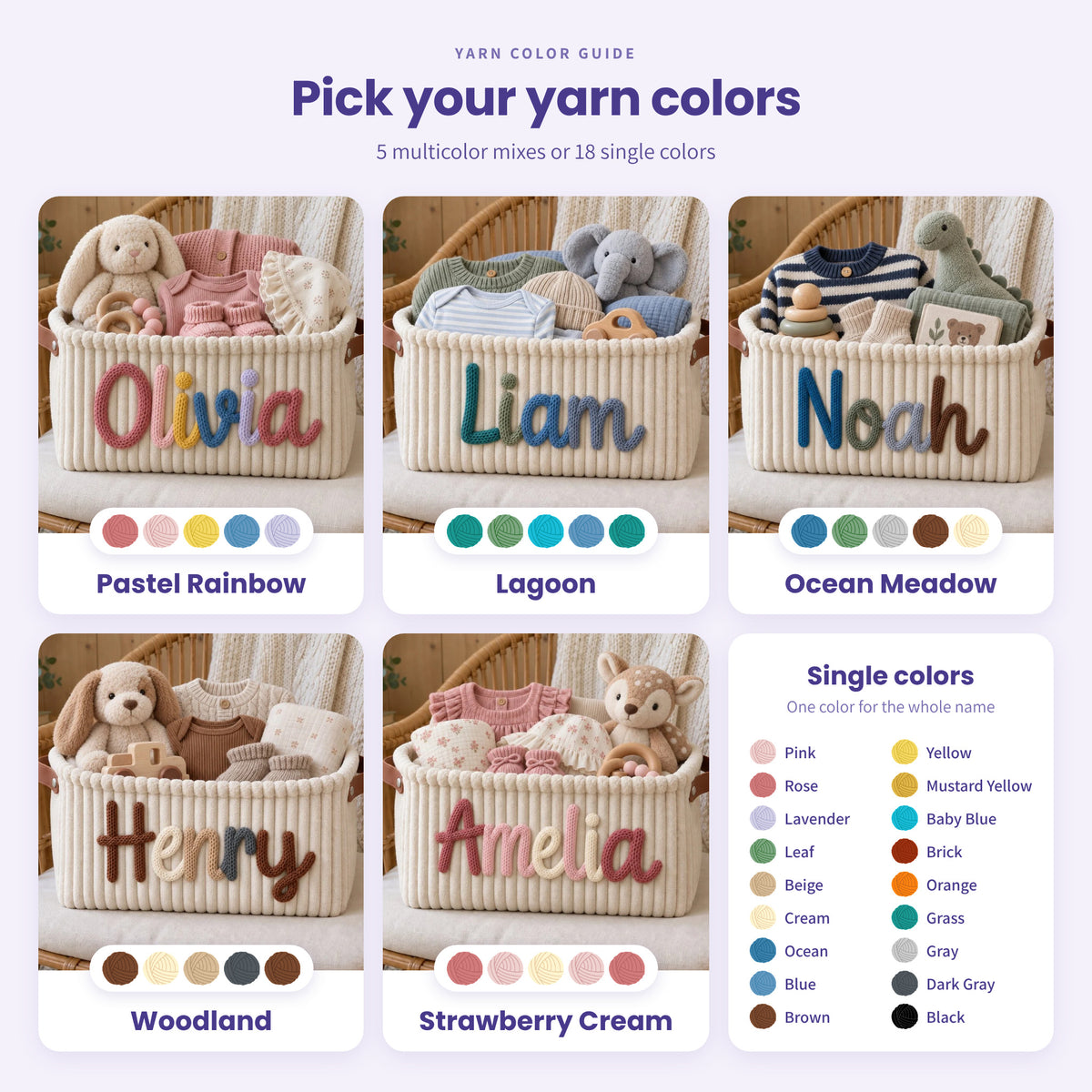 Yarn color guide: 5 multicolor mixes (Pastel Rainbow, Lagoon, Ocean Meadow, Woodland, Strawberry Cream) and 18 single colors