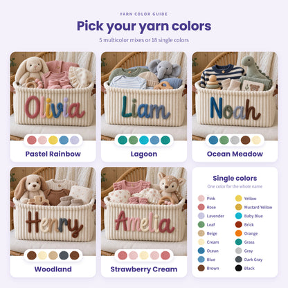 Yarn color guide: 5 multicolor mixes (Pastel Rainbow, Lagoon, Ocean Meadow, Woodland, Strawberry Cream) and 18 single colors