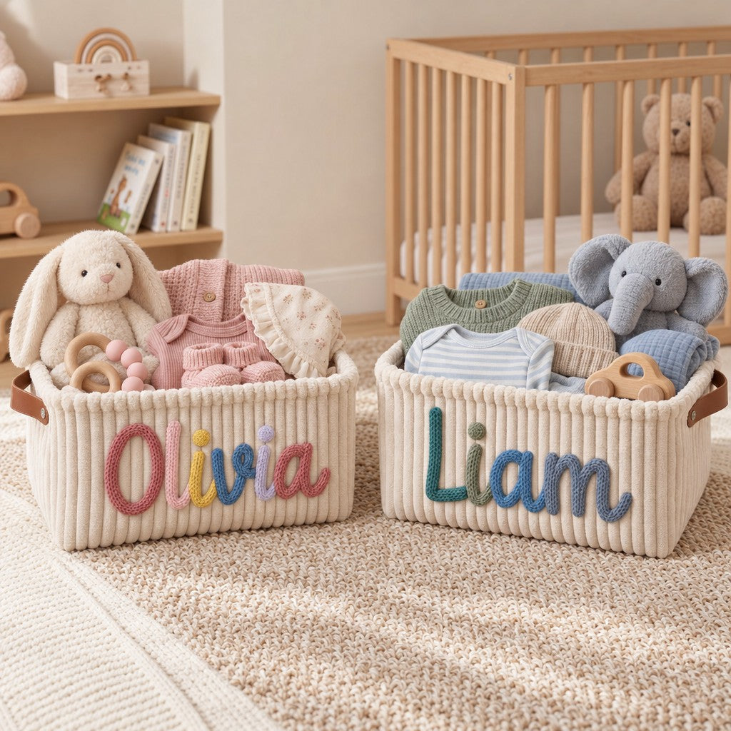Two cream corduroy baskets with the names Olivia and Liam in a nursery