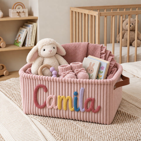 A pink corduroy basket with the name Camila in a nursery