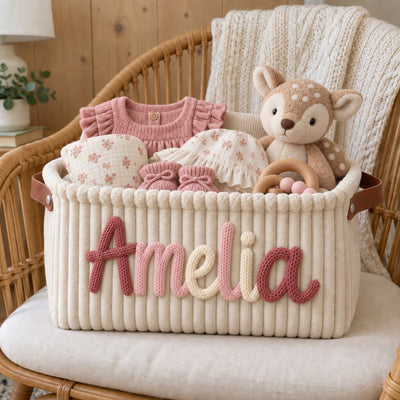 Close-up of the name Amelia formed by hand in cotton yarn