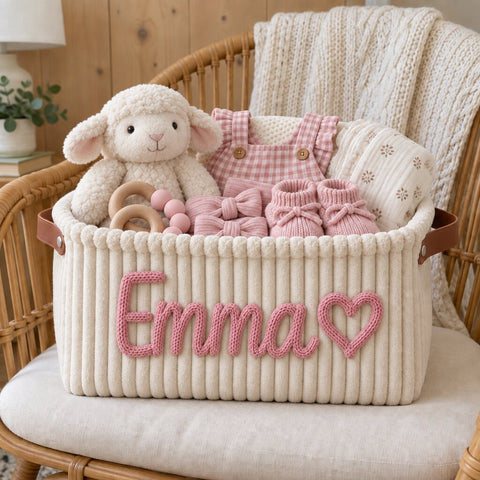 A cream corduroy basket with the name Emma, filled with baby gifts