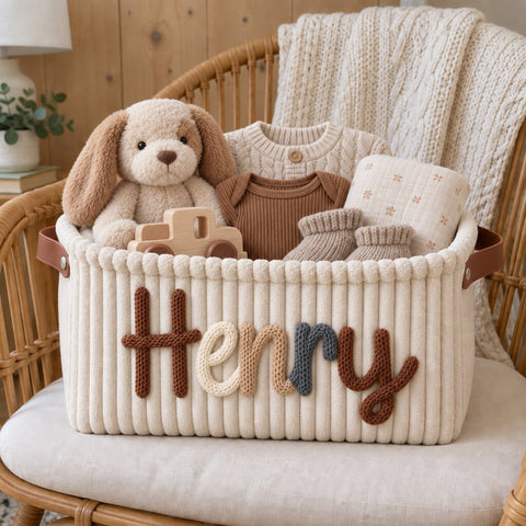 A cream corduroy basket with the name Henry, filled with baby gifts