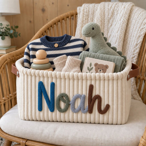 A cream corduroy basket with the name Noah, holding baby clothes and toys