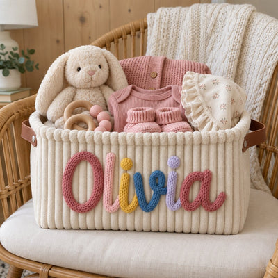 Close-up of the name Olivia formed by hand in cotton yarn
